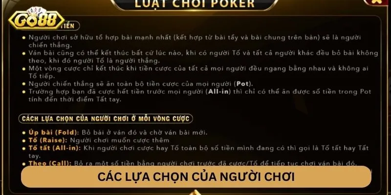 Lựa chọn khi chơi Poker GO88