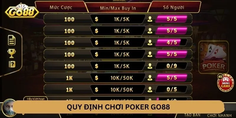 Quy định chơi Poker GO88